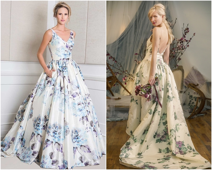 Váy cưới in họa tiết hoa màu nước vintage từ Wendy Makin và Elizabeth Fillmore